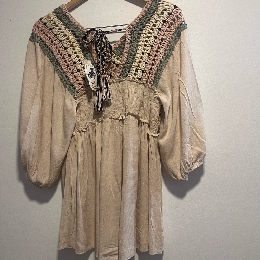 Easel Los Angeles Boho Crochet Babydoll Top Cottagecore Neutral Blouse - Picture 3 of 10